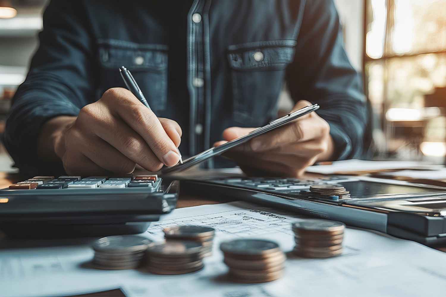 Person mit Stift und Taschenrechner